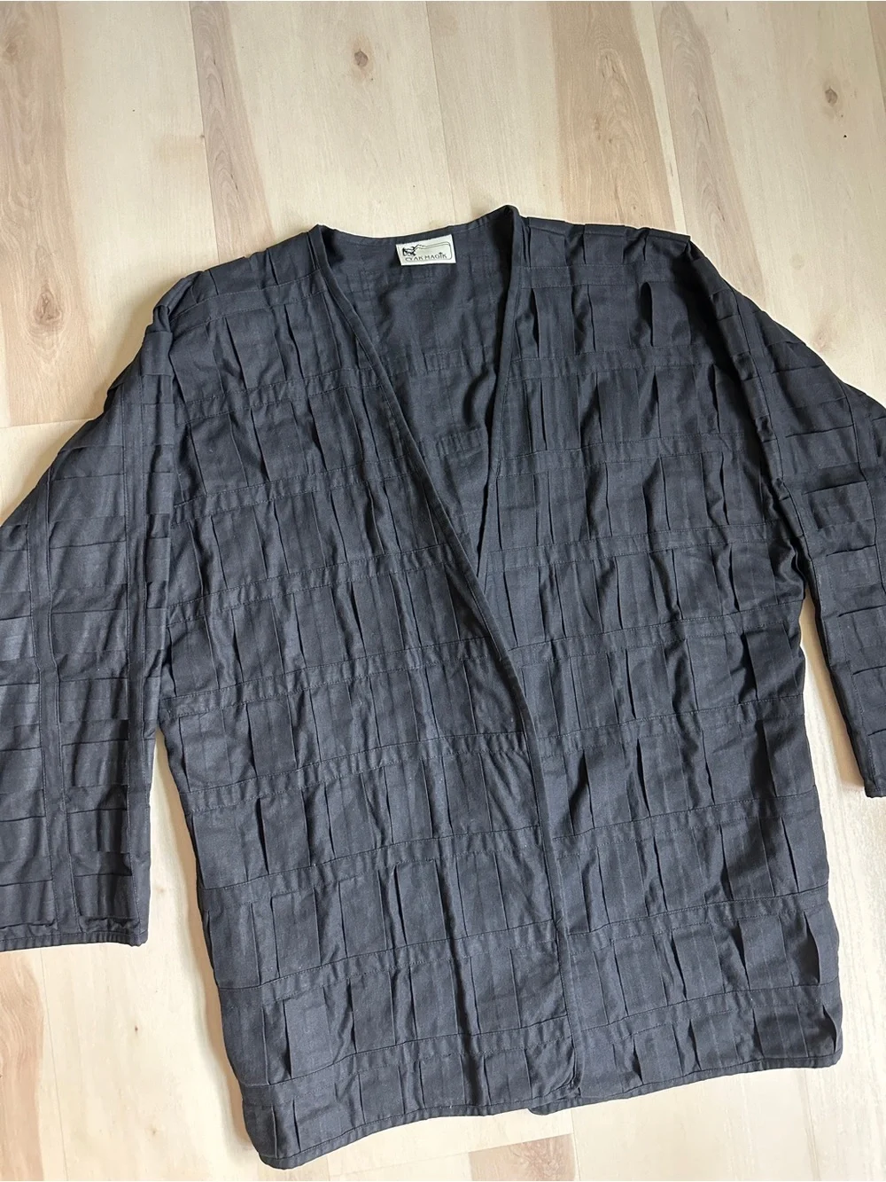 Yak Magik Vintage Black Cotton Pleated Pintuck Open Front Cardigan Jacket Nepal
